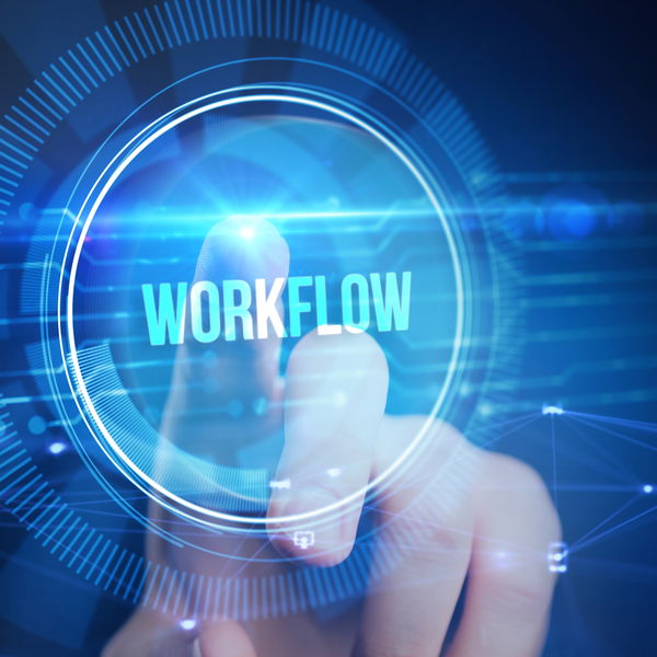 Hand pointing to holgraphic workflow symbol