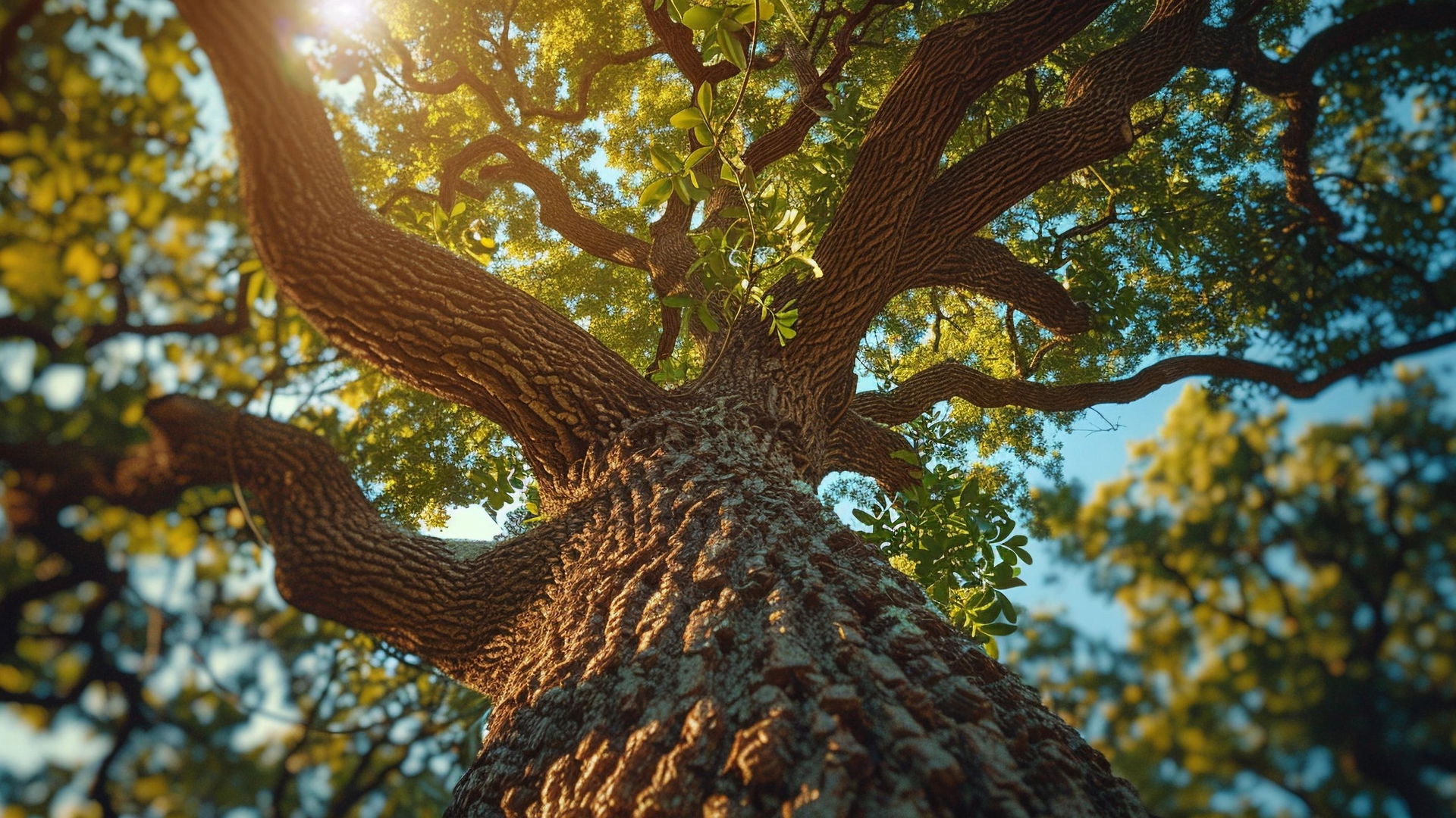 Tree with crown and sunbeam from below