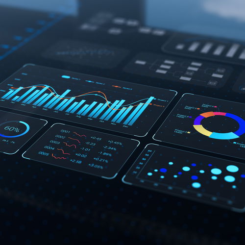 statistics and diagrams on black background