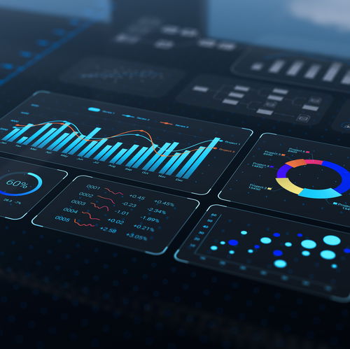 statistics and diagrams on black background