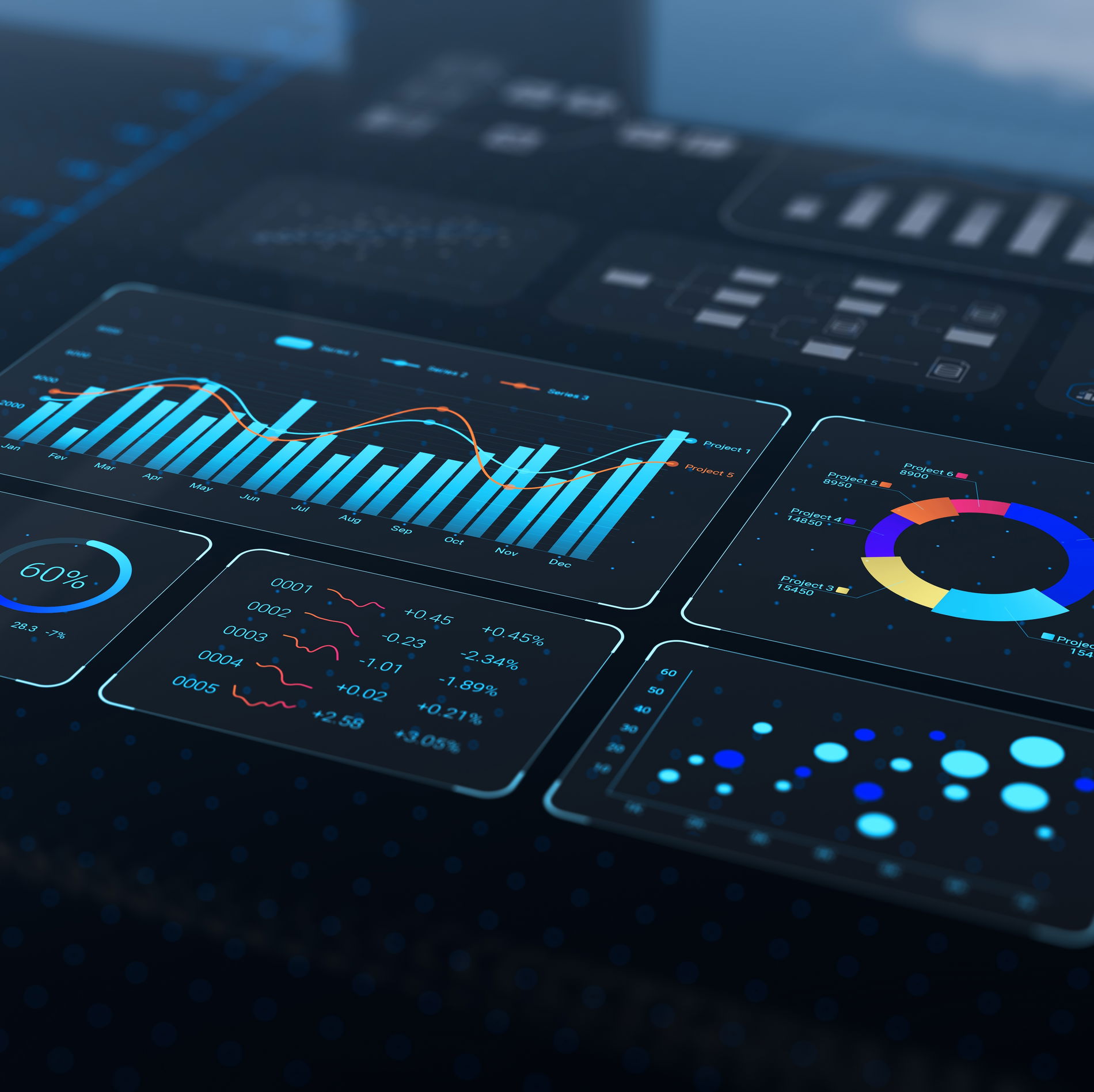statistics and diagrams on black background