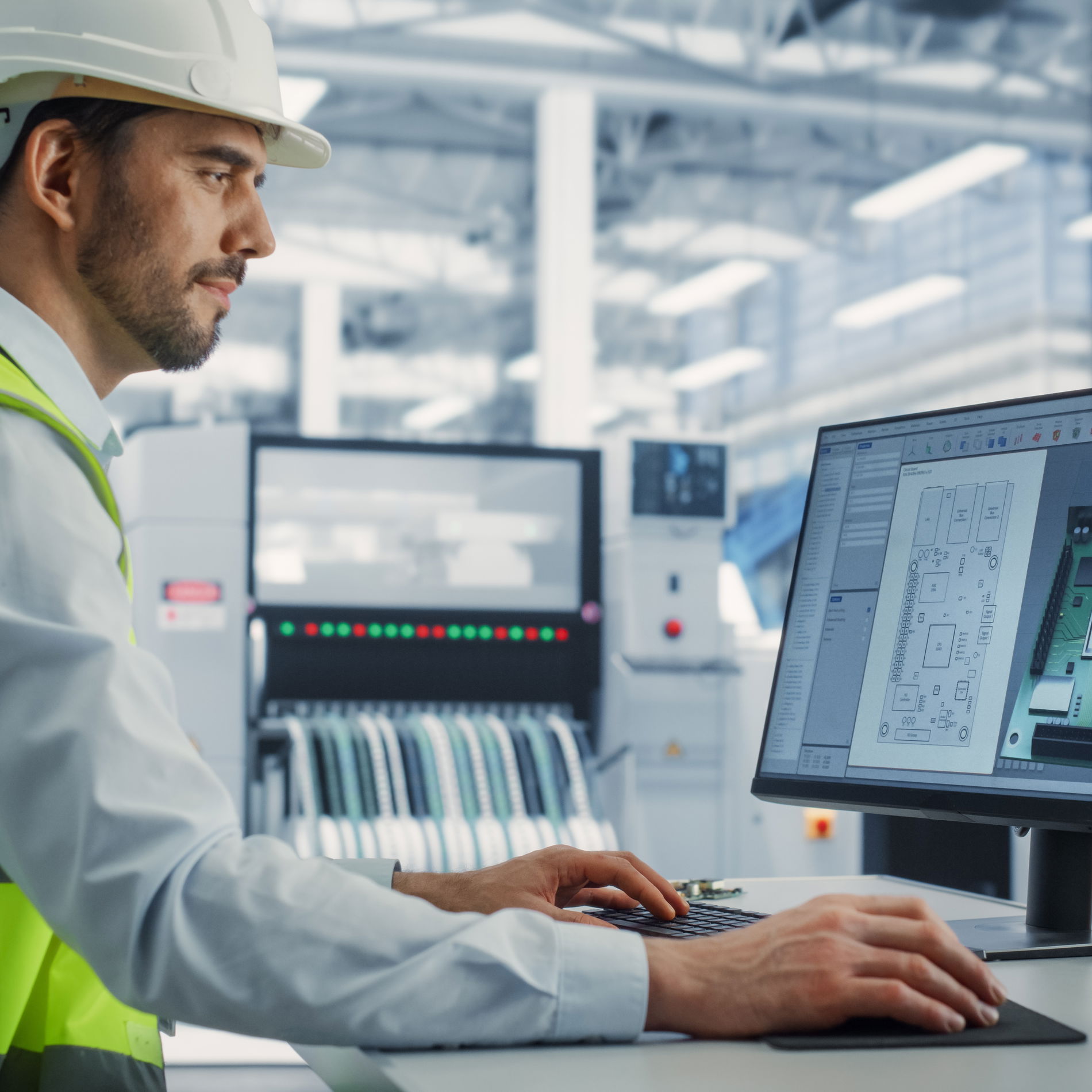 Worker wearing helmet and vest in front of computer monitor