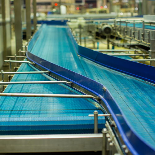 Blue conveyor belt with metallic branch
