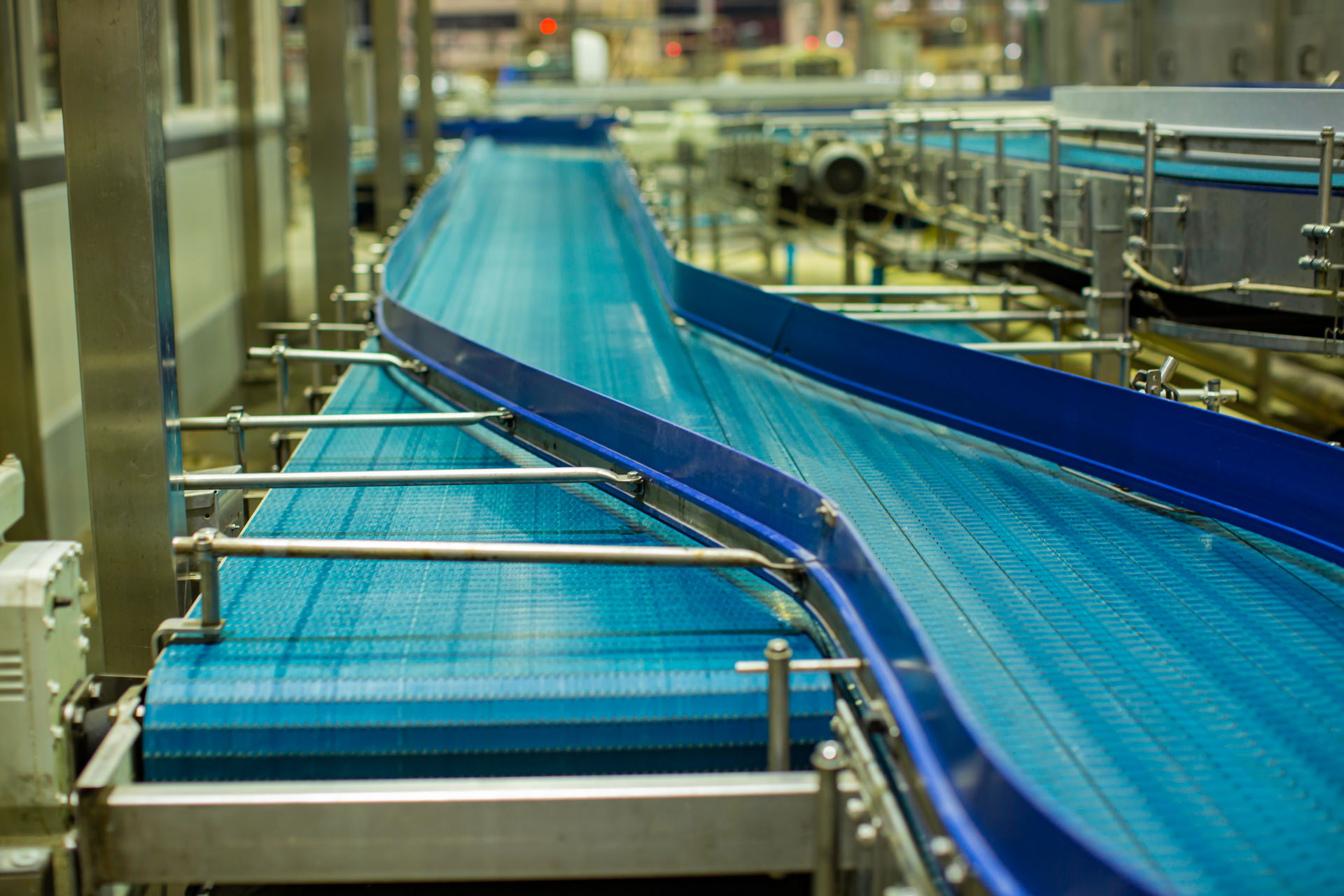 Blue conveyor belt with metallic branch