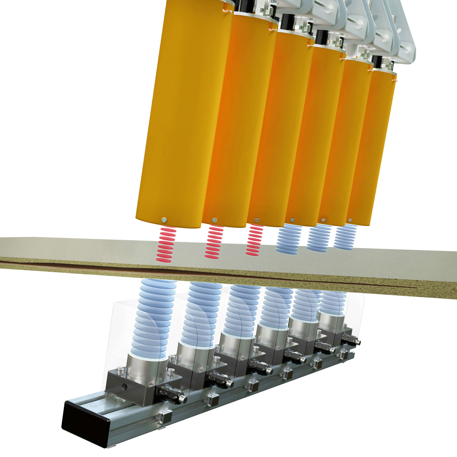 Orange ultrasonic transmitters are positioned below the slab strand