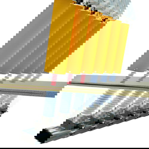 Orange ultrasonic transmitters are positioned below the slab strand