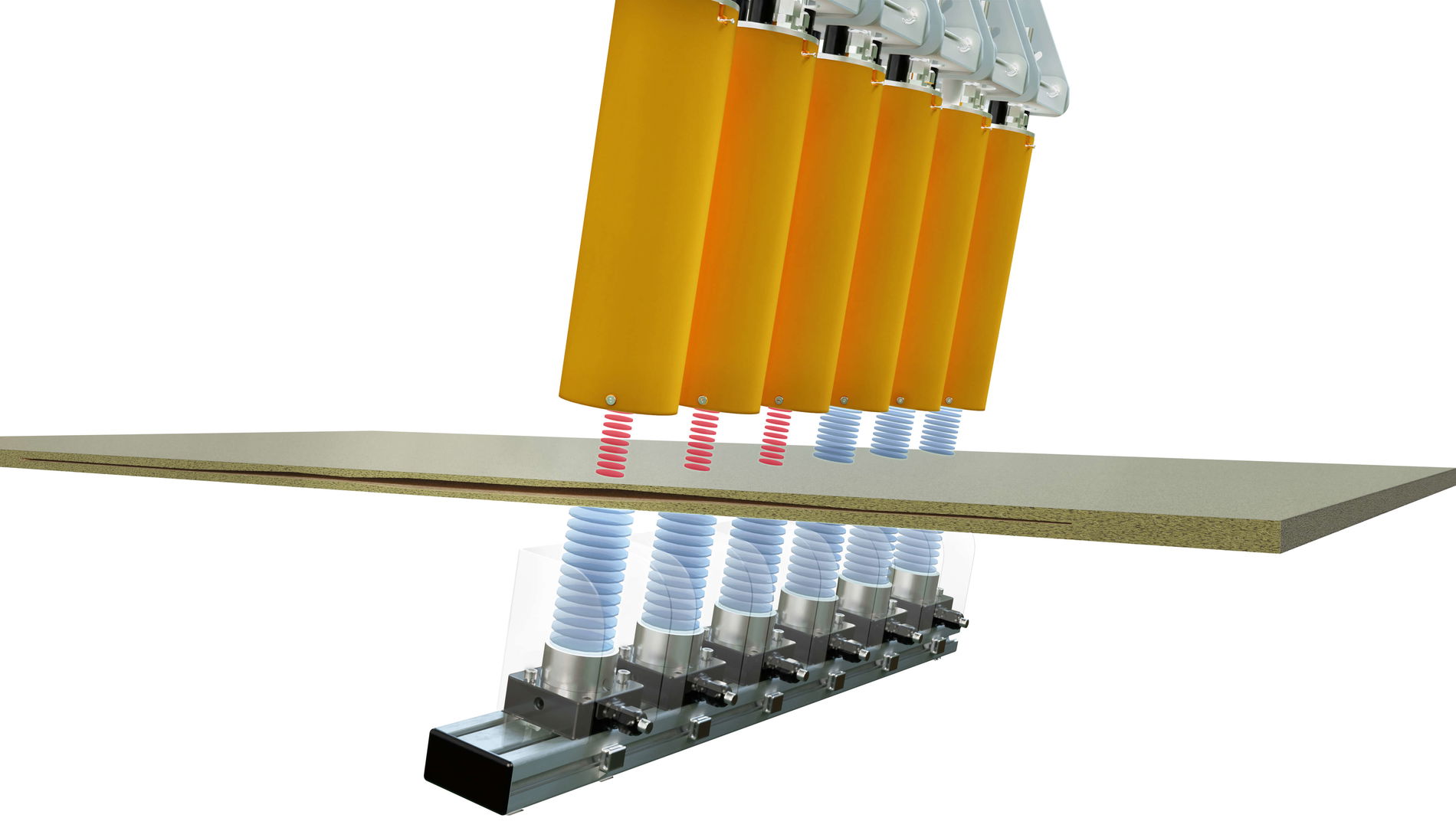 Orange ultrasonic transmitters are positioned below the slab strand