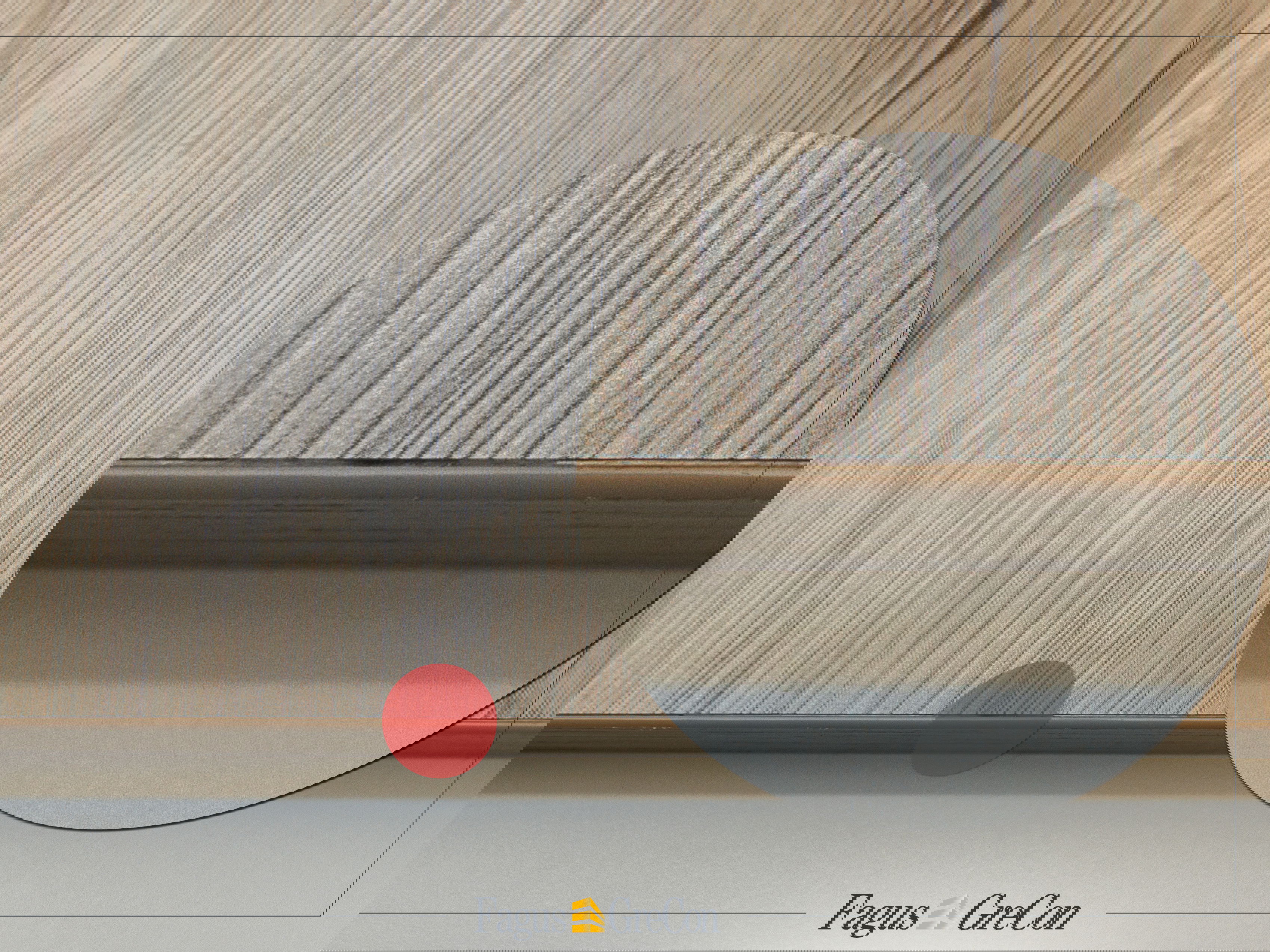 Open glue joint on a wooden board, highlighted in red and magnified with a magnifying glass