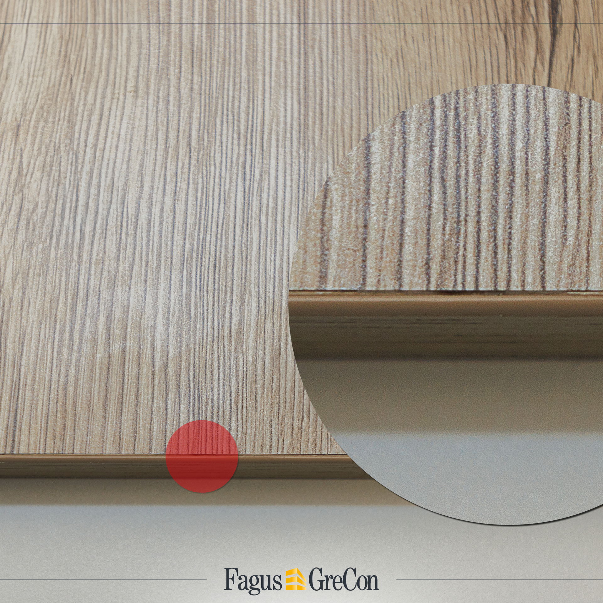 Open glue joint on a wooden board, highlighted in red and magnified with a magnifying glass