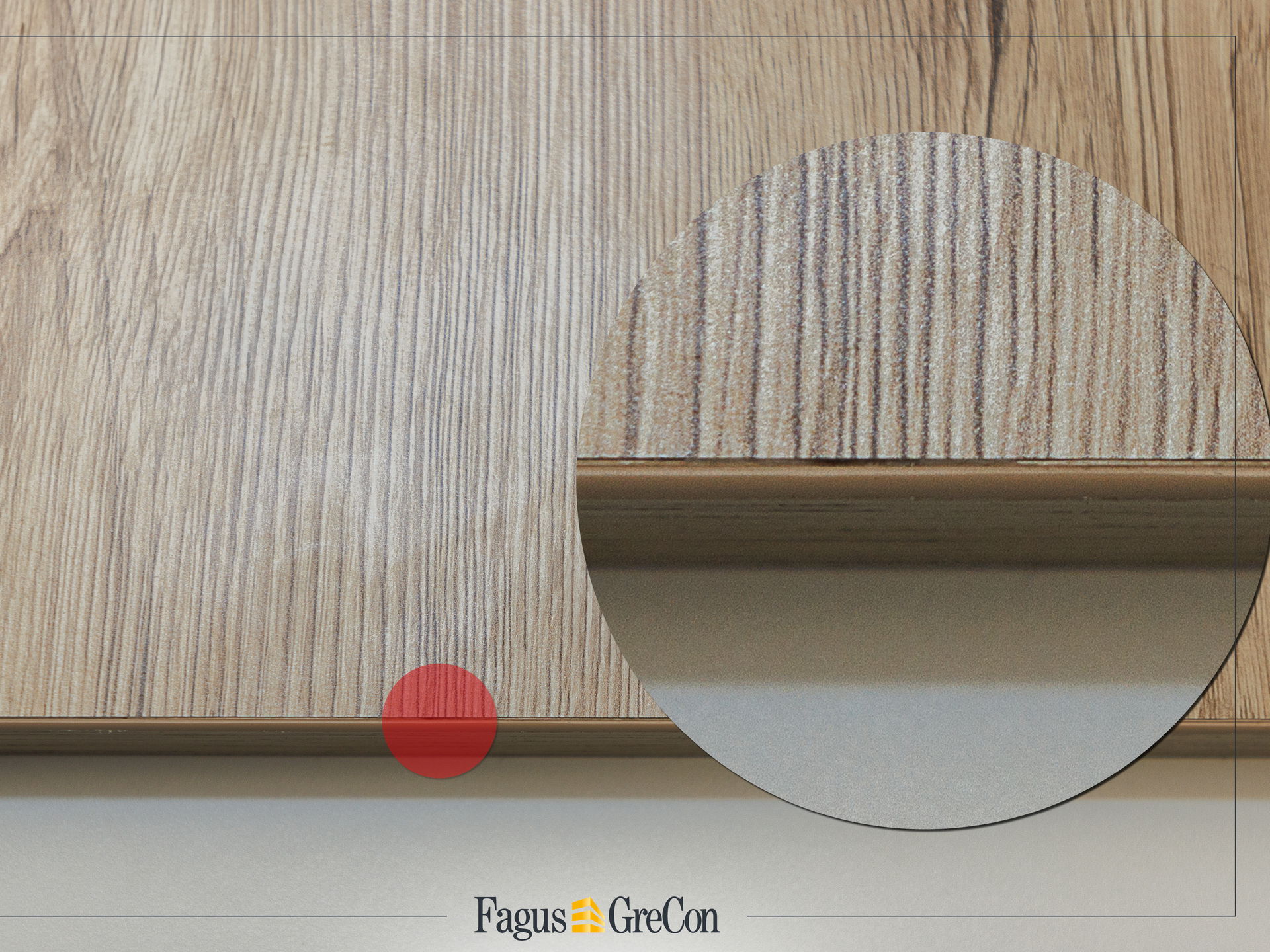 Open glue joint on a wooden board, highlighted in red and magnified with a magnifying glass