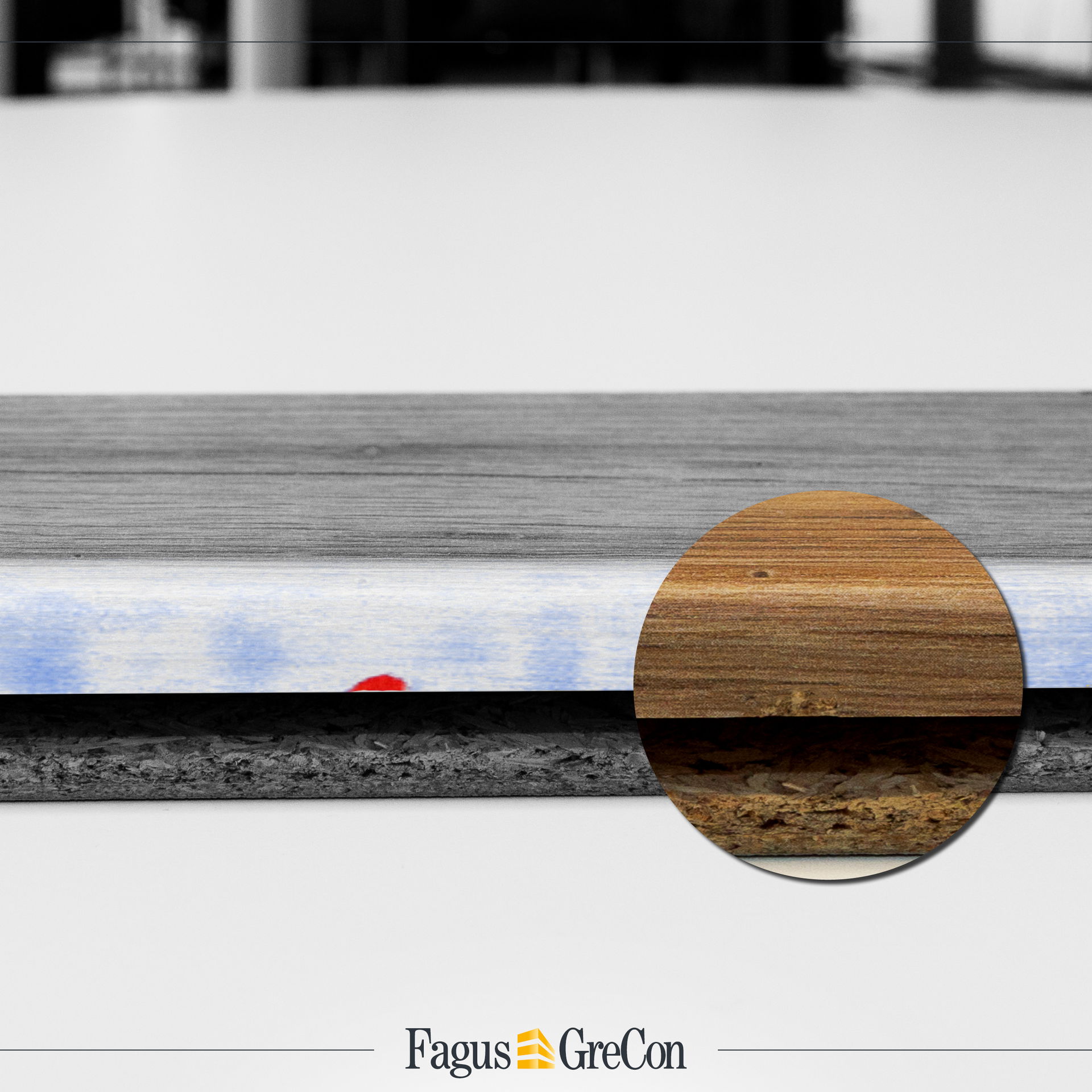 Minimal damage to a wooden board, highlighted in red and magnified with a magnifying glass
