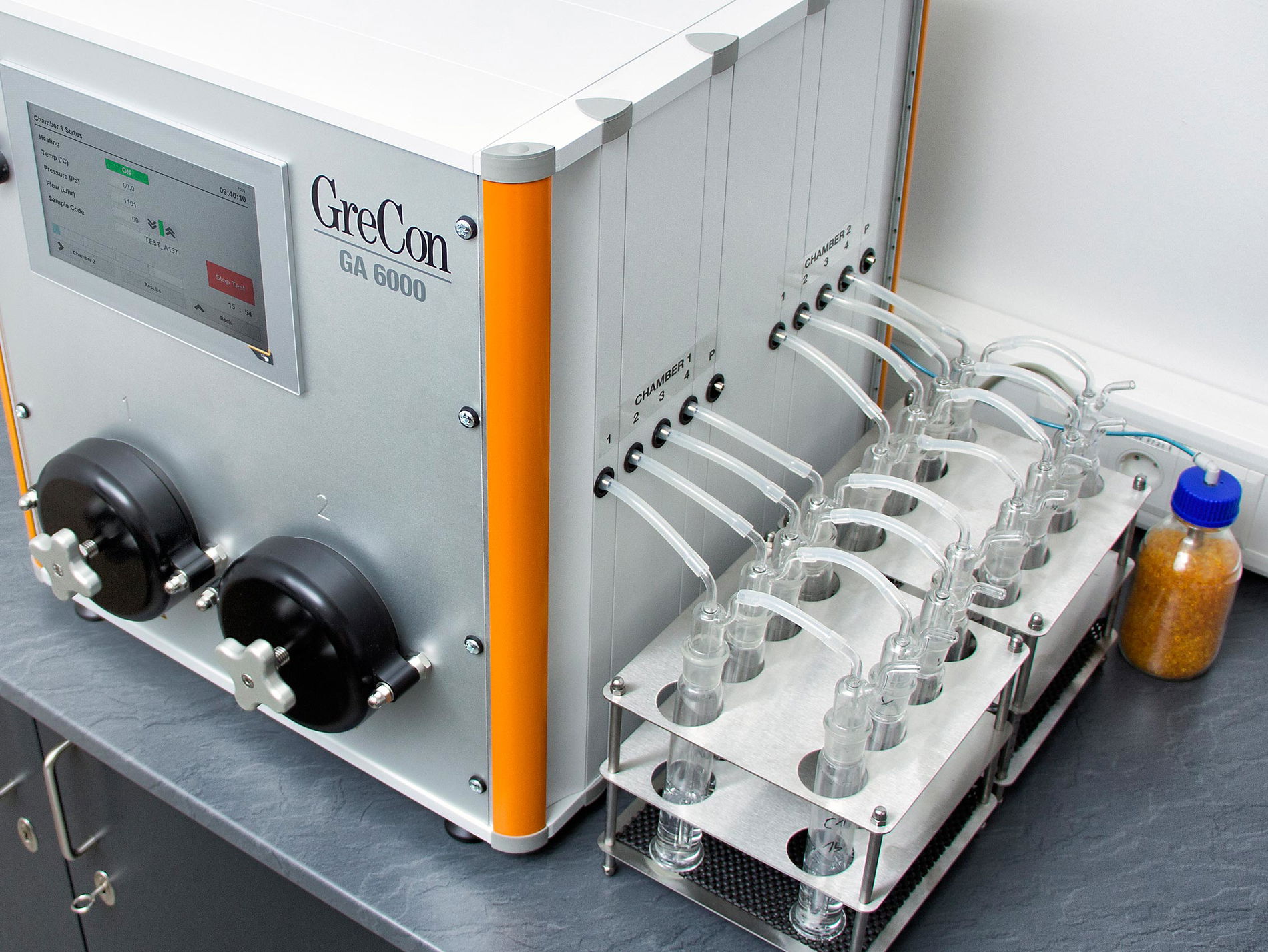 GASANALYSER SL as a grey laboratory product from above with wet chemistry
