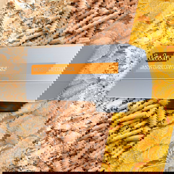 Gre-Con MOISTURE CONTROL IR in front of a collage of wood, sawdust, animal feed, rice and cornflakes