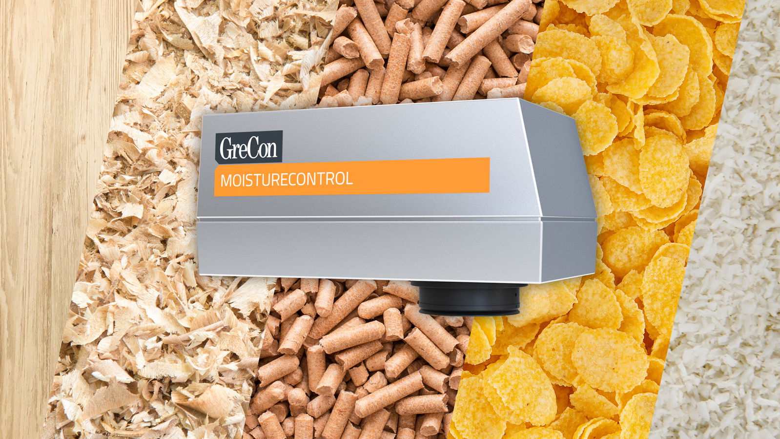 Gre-Con MOISTURE CONTROL IR in front of a collage of wood, sawdust, animal feed, rice and cornflakes