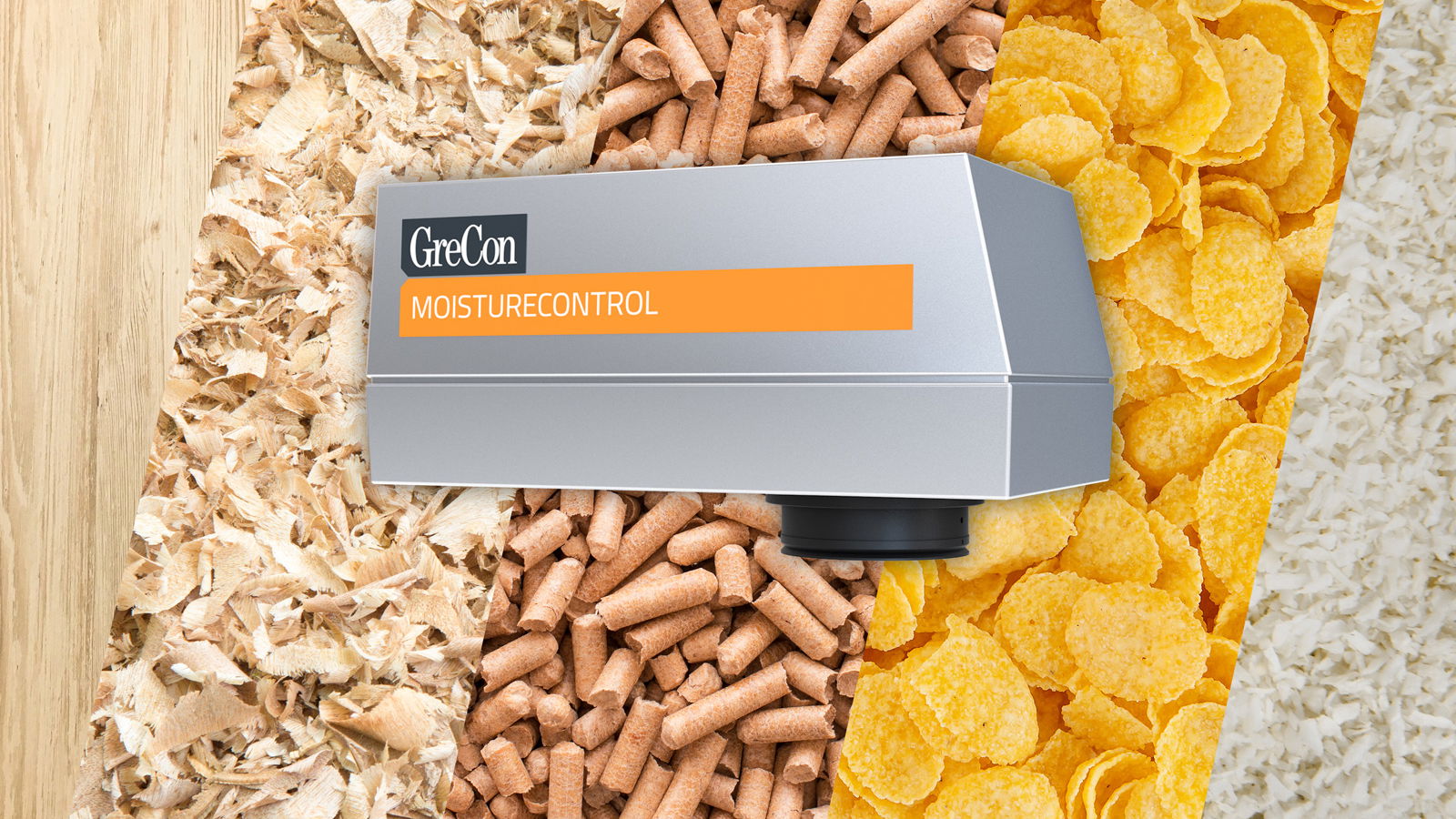 Gre-Con MOISTURE CONTROL IR in front of a collage of wood, sawdust, animal feed, rice and cornflakes